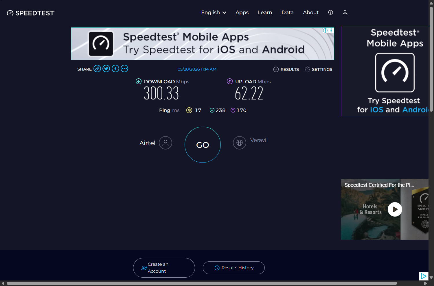 Ookla speedtest result showing 300.33 Mbps download, 62.22 Mbps upload, 17 ms ping on Airtel via Veravil server