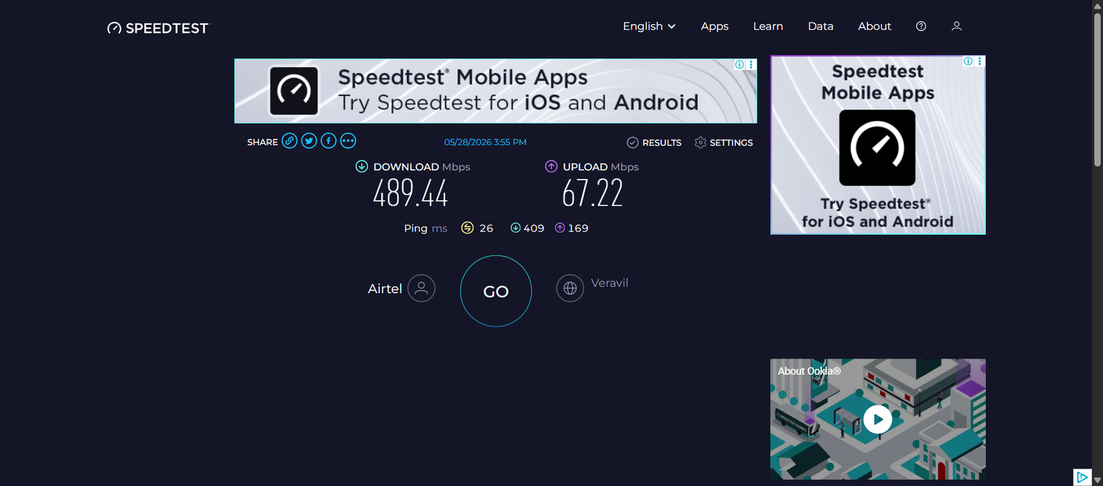Ookla speedtest result post-antenna peak: 489.44 Mbps download, 67.22 Mbps upload, 26 ms ping, Airtel via Veravil server