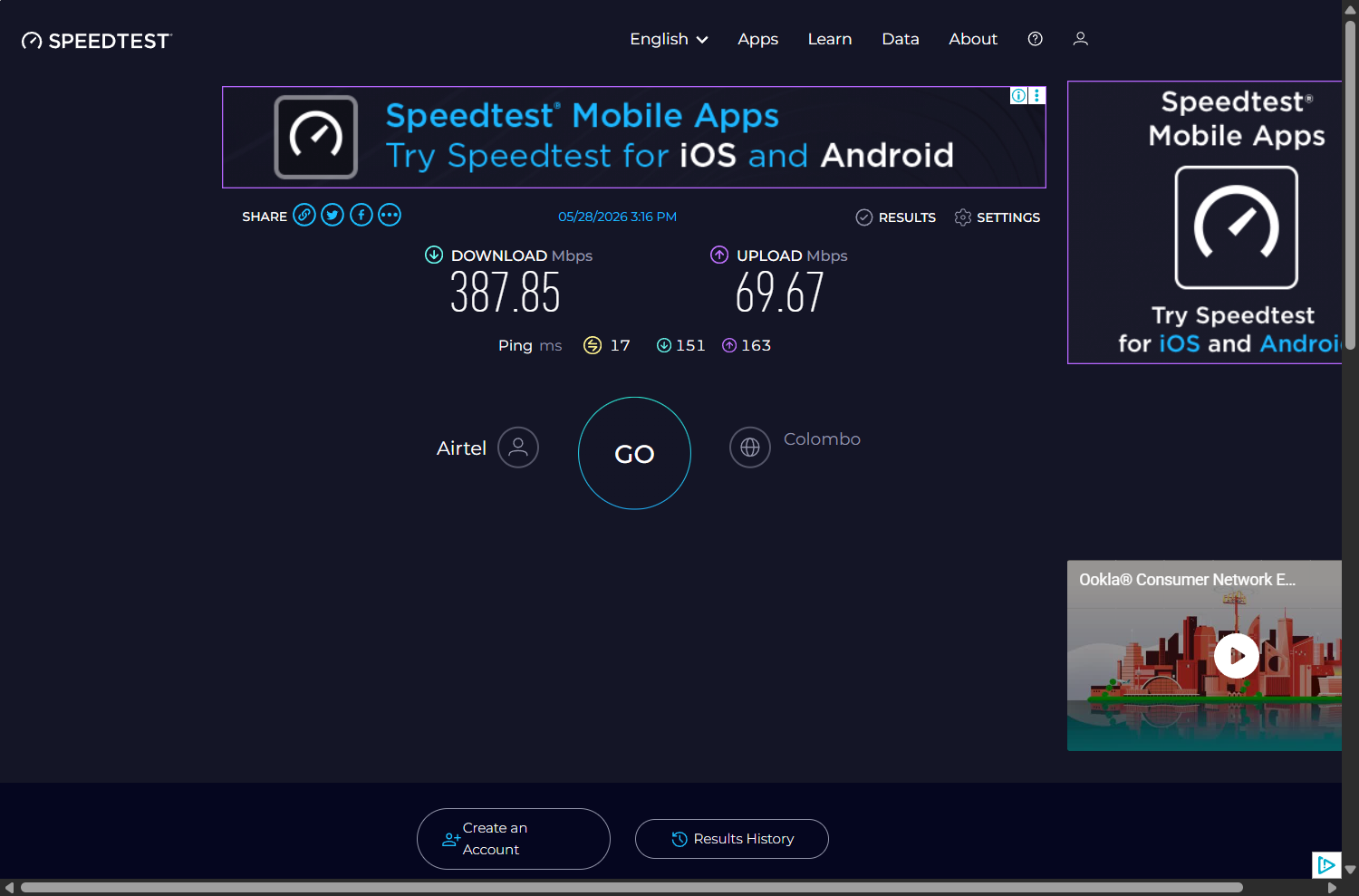 A more typical post-antenna speedtest: 387.85 Mbps download, 69.67 Mbps upload, 17 ms ping, Airtel via Colombo server